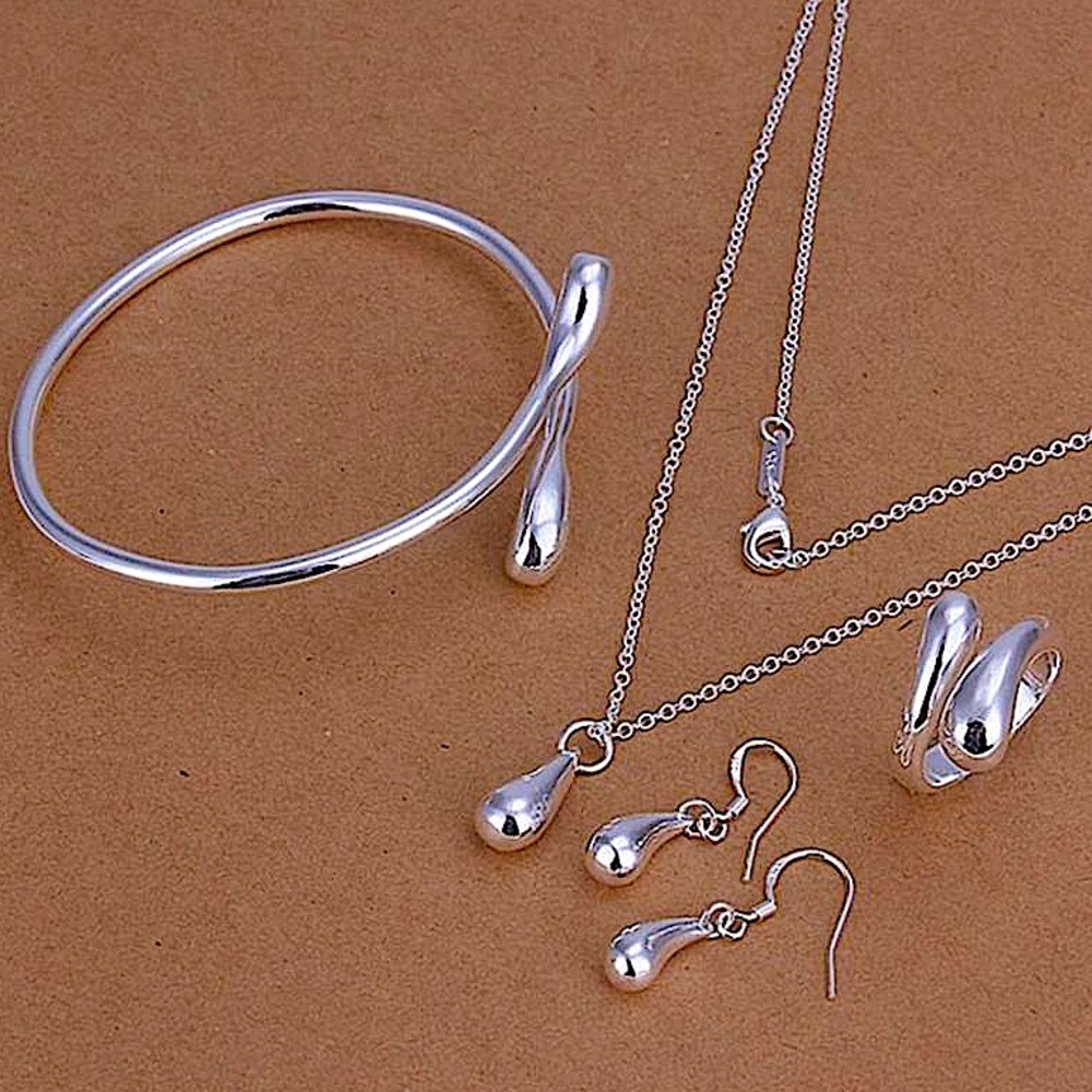 Sterling Silver Tear Drop Geometric Matching Necklace Bracelet Earrings Set